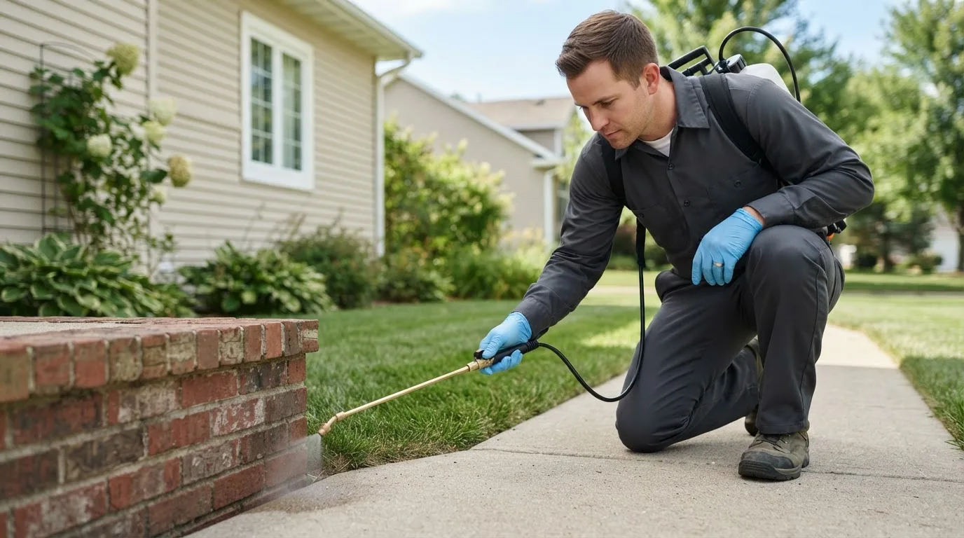 Pest control technician treating a home near De Soto, KS